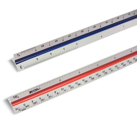 Triangular Ruler, 12 inch Metal Ruler, Triple Sided Color Coded, Imperial Scale Measurements, Drafting Ruler, Architect Ruler by Better Office Products (2 Pack)