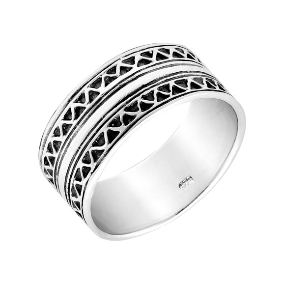 Triangular Tribal Pattern Thick Band Sterling Silver Ring-7