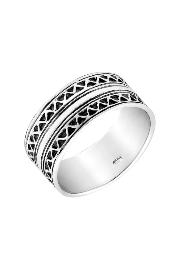 Triangular Tribal Pattern Thick Band Sterling Silver Ring-7
