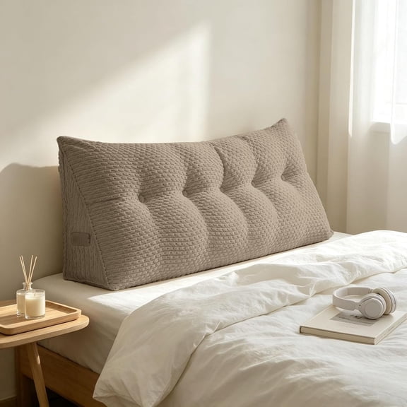 Triangular Wedge Headboard Pillows, Twin Dorm Headboard Long Backrest Positioning Support Reading Pillow with Side Pockets, for College Dorm Room Bedroom,Khaki