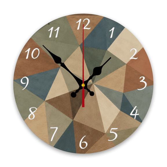 Triangular geometric pattern with white earth tone numerals Design 10 inch Round Wooden Wall Clock, Silent, Excellent for Dormitory, Apartment, Entryway, Modern Decor, Halloween, Christmas Ba