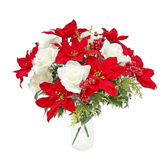 Triani 1 Bundles Artificial Christmas Flowers Bouquet 17 Inch Poinsettia Flowers Artificial Peony Berries Floral Bouquets for Cemetery Outdoor Xmas Tree Vase Decor
