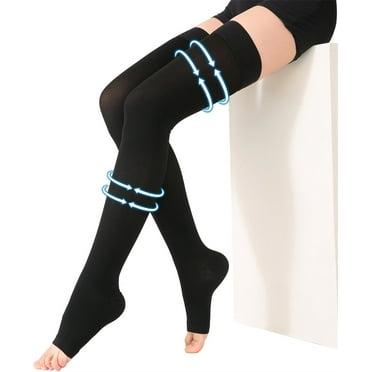Triani 1 Pair Black Open Toe Thigh High Compression Stockings for Women & Men Firm Support Hose 20-30mmHg Medical Grade Graduated Compression Leg for Swelling Varicose Veins Edema(M)