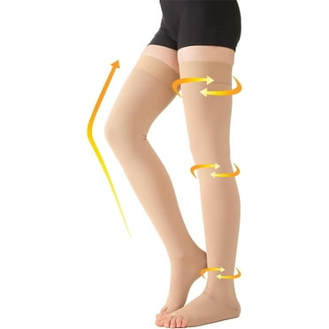 Triani 1 Pair Thigh High Medical Compression Stockings for Women & Men 20-30mmHg Graduated Compression Leg Support for Varicose Veins, Edema, Flight（XL, Beige）