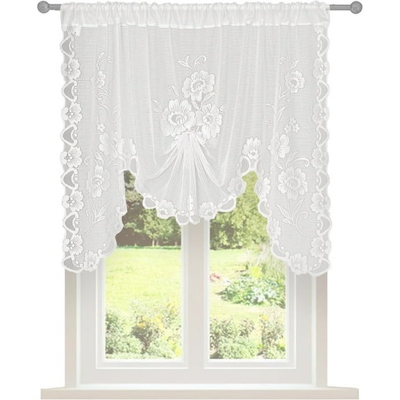 Triani 1 Pcs White Lace Waterfall Valance Curtains for Windows 59"W x 39"L Floral Embroidered Swag Curtain Valance Tier for Doorway Kitchen Bathroom Window