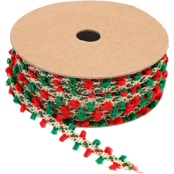 Triani 1 Roll Fur Pom Christmas Ribbon Green and Red Sewing Lace Trim DIY Easy and Fast Gift Wrapping Accessory Embroidered Lace Tassel Applique Ribbon Hand Decor Polyester