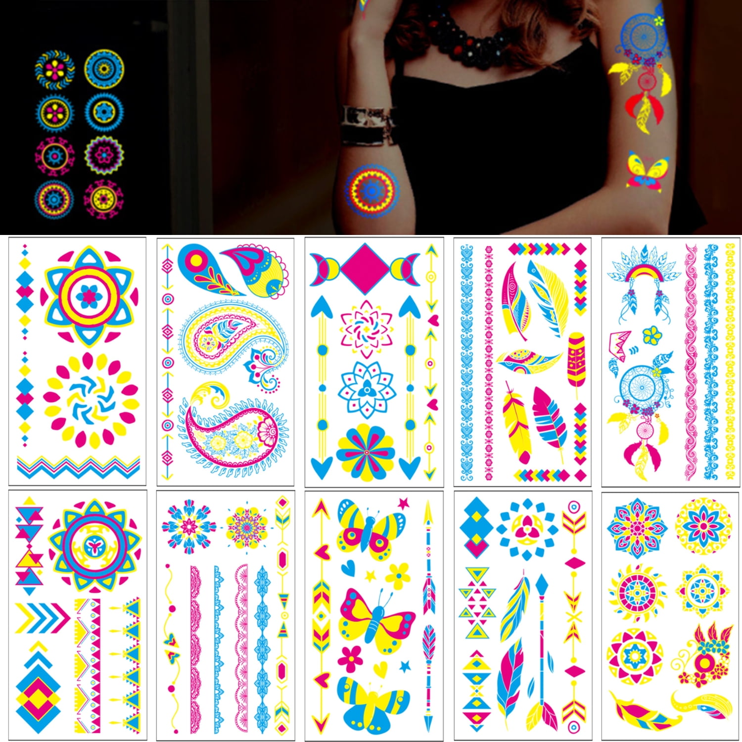 Triani 10 Sheet Glow in The Dark Temporary Tattoos，Multiple Styles