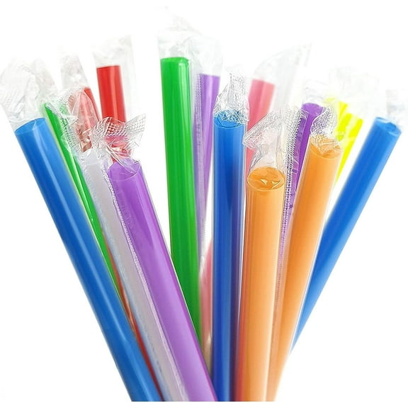 Triani 100 Pcs Multi Colors Jumbo Smoothie Straws Boba Straws,Plastic Milkshake Straws，Boba Straws Disposable Wide-mouthed Large Individually Wrapped Straws(0.43" Wide X 9.45" Long)