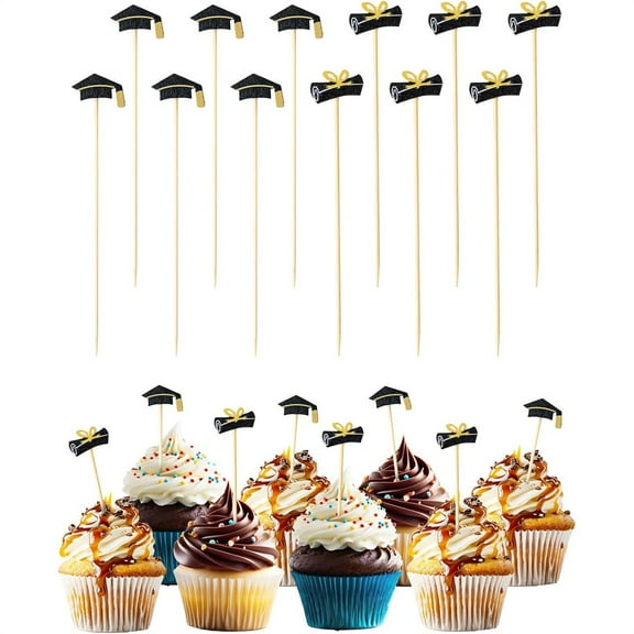 Triani 100Pcs Graduation Cupcake Toppers 4.7 Inch Bachelor Hat Cocktail Toothpicks Appetizers for Graduation Sports Party Fruit Sandwich Picks
