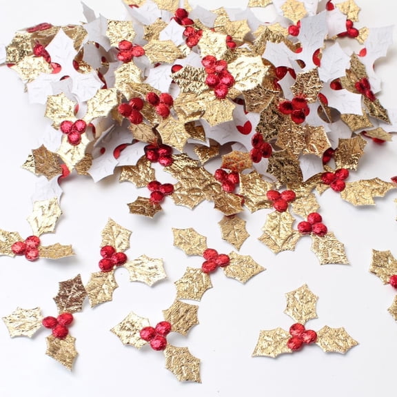 Triani 100Pcs Tiny Holly Leaves Berries1.38 Inch Artificial Berries Faux Berry Flowers for Crafts Applique Xmas Garland Wreath Present Box Wrapping Deco(Gold)