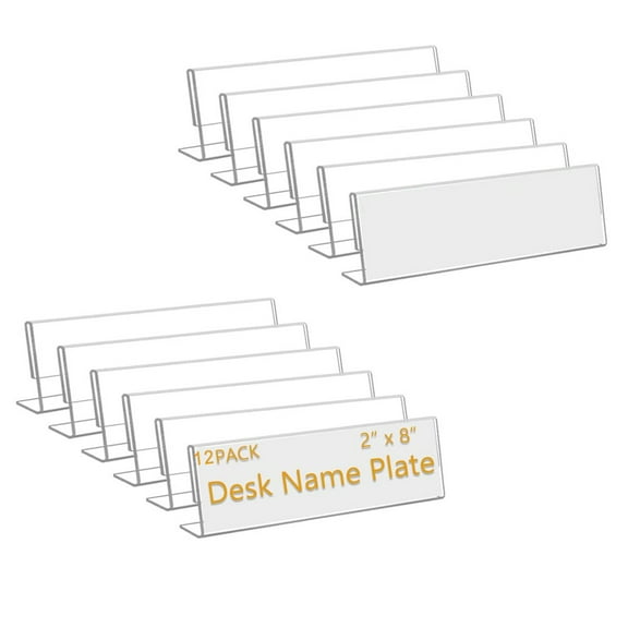 Triani 12 Pack Name Plates for Desks for Desks 2 x 8 Inch Clear Name Plate Office Business Table Display Acrylic Name Card Tent Holder Desk Sign Frame for Meeting Room School