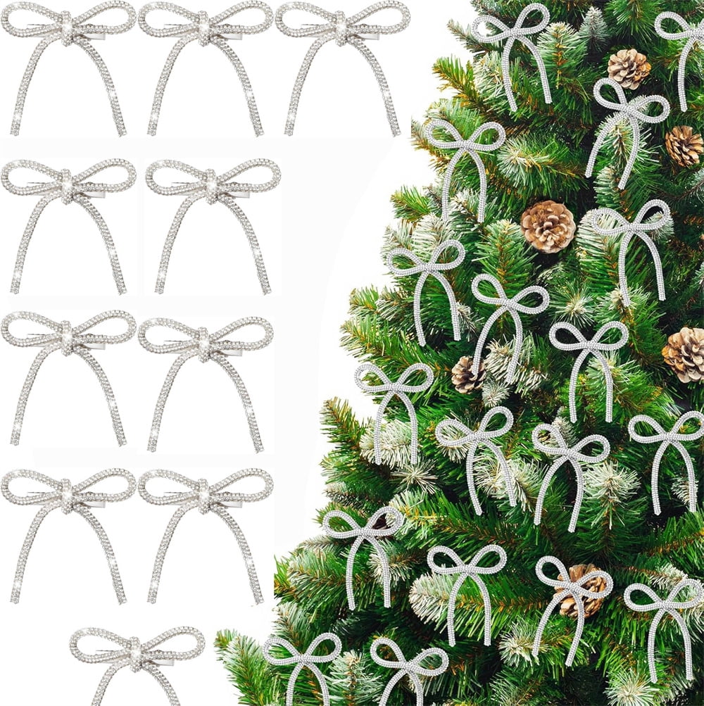 Triani 12Pcs Glitter Christmas Tree Bow Clip Ornaments 5.12*2.95 Inch Christmas Bows Glitter with Rhinestones Bow for Women Home Xmas Party Supplies