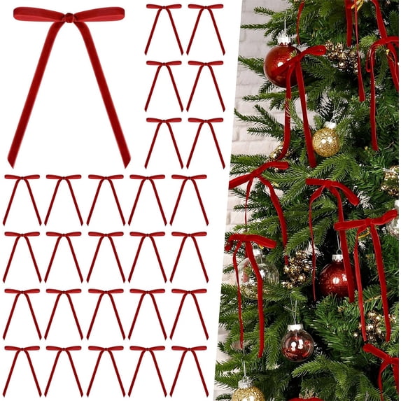 Triani 24Pcs Rustic Crafts Gift Bows with Tie 5 x 7 Inch Velvet Ornaments with Tie Easy Hanging Christmas Tree Home Decor Indoor Outdoor Decoration (Red)