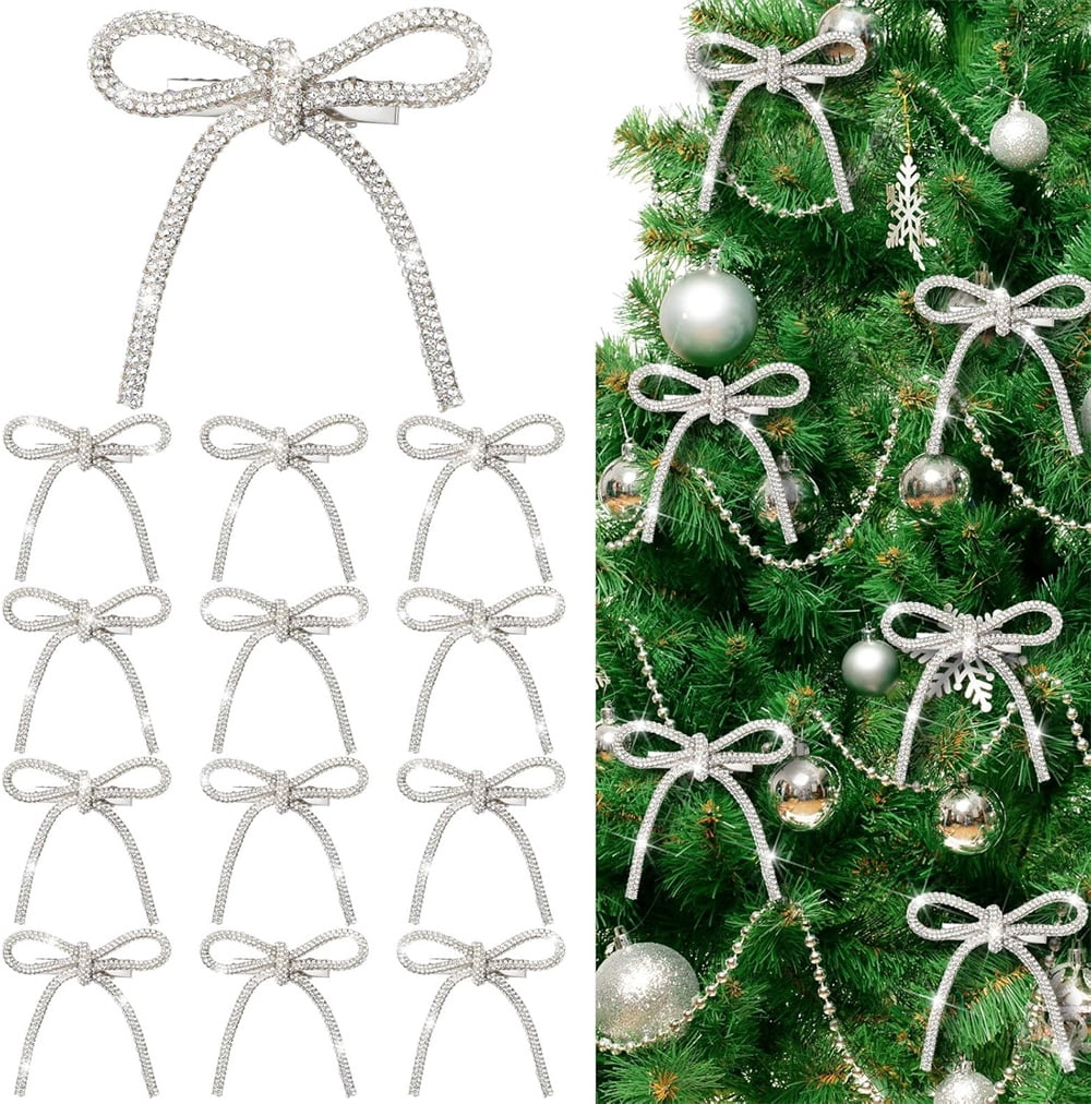 Triani 12Pcs Silver Glitter Christmas Bows Ornaments with Clip 5.12*2.95 Inch Bow Christmas Tree Wreath Decoration Xmas Hanging Ornaments Decoration
