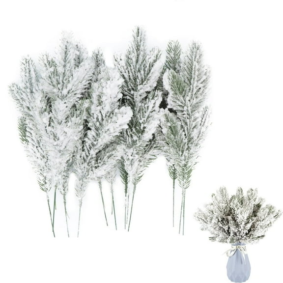 Triani 12Pcs Snowy Artificial Pine Needles 10.6" Fake Frosted Pine Picks Greenery Stems for Xmas Tree Wreaths Garlands DIY Accessories