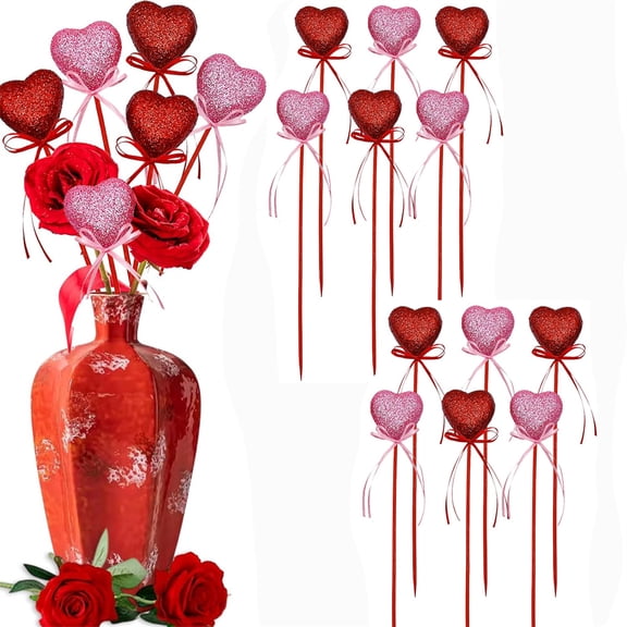 Triani 12Pcs Valentine's Day Glitter Puffy Heart Picks Foam Sparkly Sticks 8.66" Artificial Berry Stems Floral Picks Arrangements Party Crafts Decor(Red and Pink)