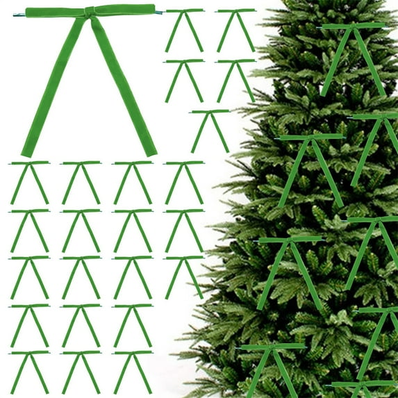 Triani 24Pcs Velvet Christmas Tree Bows with Tie 5 x 7 Inch Width Velvet Christmas Bows Vintage Wreath Bow Easy Hanging for Window Stairs Xmas Decoration(Green)