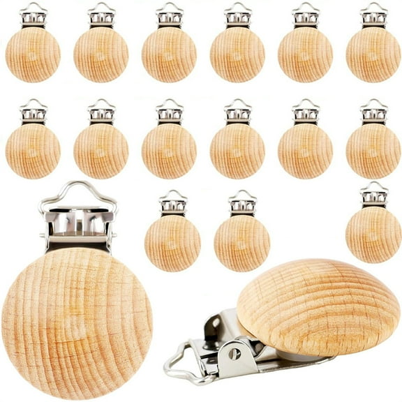 Triani 15Pcs Wooden Clips Pacifier Clip Holder 1.18" Round Metal Wooden Teething Beads Suspender Clips Charm DIY Pacifier Clips Accessory