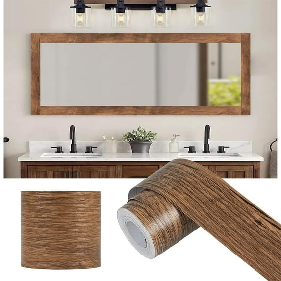 Triani 16.4Ft Wood Grain Wallpaper Border Removable Waterproof Bathroom Mirror Frame Sticker Wood Frame Mirror for Bedroom Home Decor(Brown)