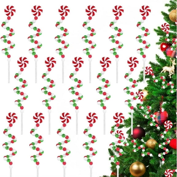 Triani 16Pcs Christmas Curly Pick Red Green Christmas Picks 9.4" Xmas Tree Topper Ornament Candy Shape Christmas Tree Picks Decorations Home Office Vase Ornaments