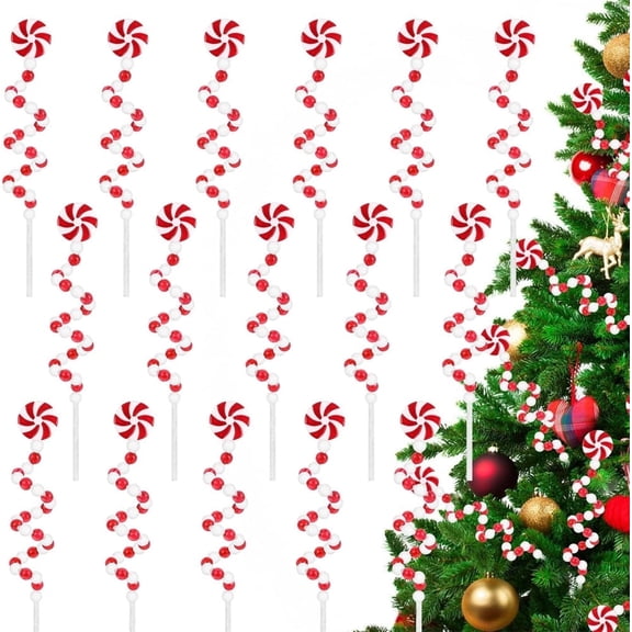 Triani 16Pcs Curly Candy Cane Shape Christmas Tree Picks 9.4" Red White Christmas Tree Picks Christmas Ornaments for Wreaths Home Office Party