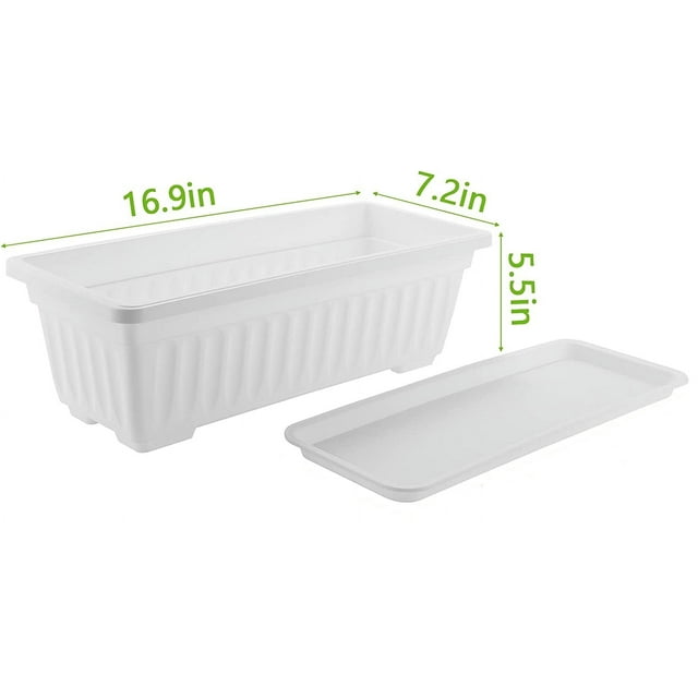 Triani 17 inch Rectangular Plastic Thicken Planters with Trays - Window Planter Box for Outdoor and Indoor Herbs, Vegetables, Flowers and Succulent Plants (1 Pack White)