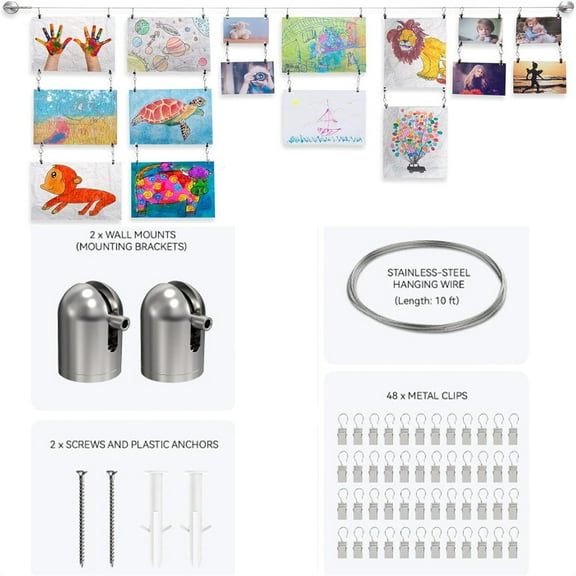 Triani 1Pcs Kids Artwork Display Wall Decor Hanging Photo Display with 48 Clips and 10 ft Wire and 2 Wall Sticker Wall Hanging Room Bedroom Decor