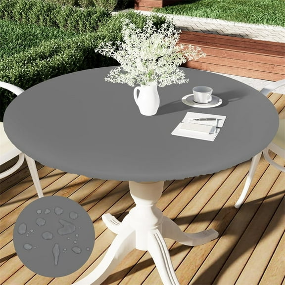 Triani 1Pcs Round Fitted Tablecloth with Elastic Edge Reversible Waterproof Stain Resistant Elastic Stretch Tablecloth Fits 36"-44" Round Tables (Grey)