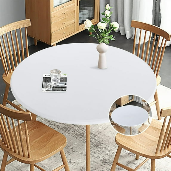 Triani 1Pcs Round Table Cloth with Elastic Fitted Waterproof Wipe Clean Plastic Table Cover Fits Round Tables up to 45" -56" Diameter (Beige)