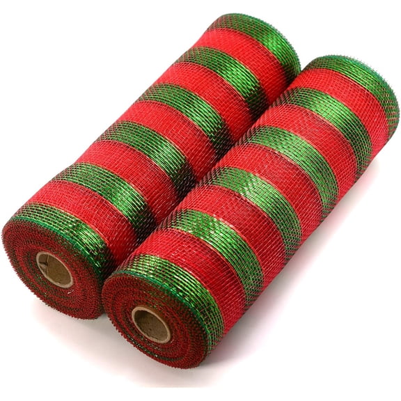 Triani 2 Rolls 10 Yards Metallic Stripes Mesh Ribbon for Decoration10 Inch Roll Christmas Deco Mesh for Wreath Christmas Tree Decoration Gift Wrap DIY Craft