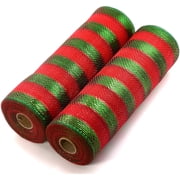 Triani 2 Rolls 10 Yards Metallic Stripes Mesh Ribbon for Decoration10 Inch Roll Christmas Deco Mesh for Wreath Christmas Tree Decoration Gift Wrap DIY Craft