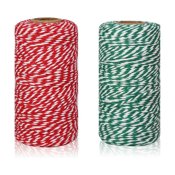 Triani 2 Rolls Wrapping Twine 656Ft Cotton Christmas Twine String Ribbon Red Green Bakers Candy Rope for Baking Arts and Crafts Gardening(2 mm)