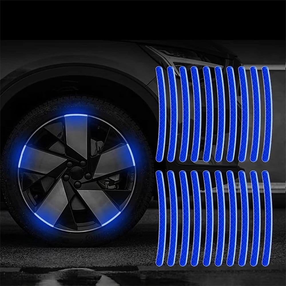 Triani 20Pcs Blue Car Wheel Hub Reflectors Stickers Night Reflective Safety Decoration Strip Motorcycle Fluorescent Reflective Exterior Accessories Decorative Decals Tape