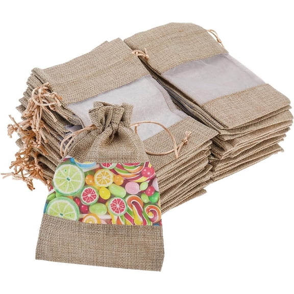 Triani 20Pcs Burlap Drawstring Gift Bag 5.5x3.9 Inch Small Mesh Bags Drawstring with See Through Window Sachet Candy Pouches for Party Jewelry, Christmas Festival