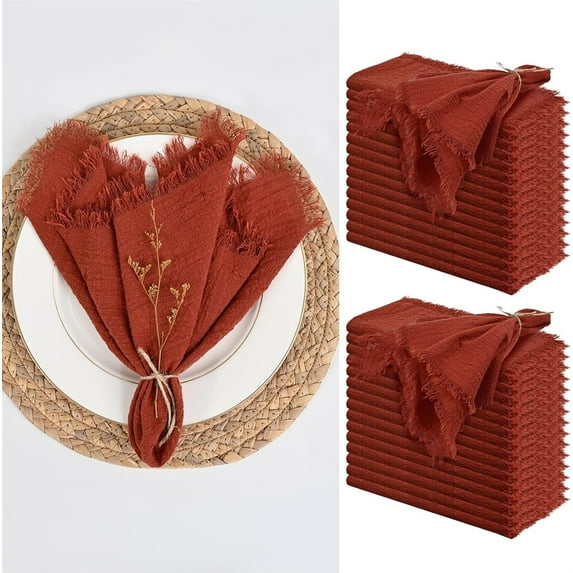 Triani 20Pcs Cotton Linen Cloth Napkin 9.8" Handmade Square Rustic Fringe Napkins for Parties Wedding Restaurant Rustic Table Accessory (Red)