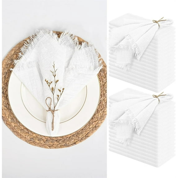 Triani 20Pcs Cotton Linen Cloth Napkin with Fringe 9.8" Thick Cotton Linen Napkins Soft Versatile Dinner Table Napkins for Dinners Parties, Weddings(White)