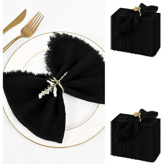 Triani 20Pcs Handmade Chessecloth Cloth Napkins 9.8" Soft Cloth Dinner Wedding Napkin Square Rustic Fringe Napkin for Wedding Party Event(Black)