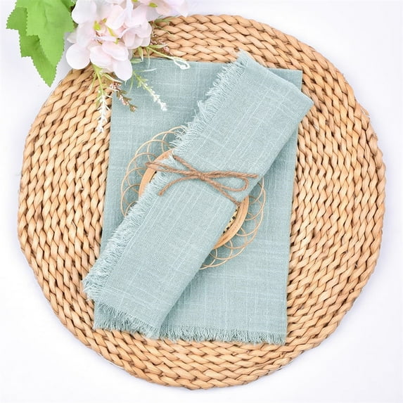 Triani 20Pcs Handmade Cotton Linen Napkins with Fringe 9.8*9.8 Inch Reusable Fringe Soft Cloth Dinner Wedding Napkin Square Rustic Table Decor(Green)