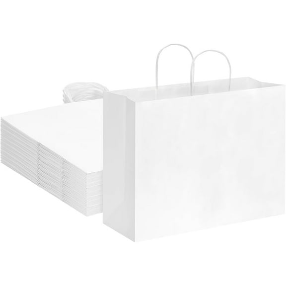 Triani 20Pcs White Paper Bags with Handles 16x6x12 Inch Bulk Large Gift Bags Recyclable Shopping Bags Kraft Paper Bags for Grocery Merchandise Gifts(White)