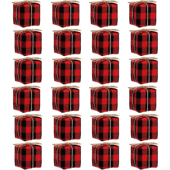 Triani 24Pcs Mini Presents for Crafts Buffalo Plaid Christmas Tree Decoration Fabric Buffalo Plaid Wrapped Ornaments Mini Gift Boxes Christmas Hanging Ornaments(Red and Black)