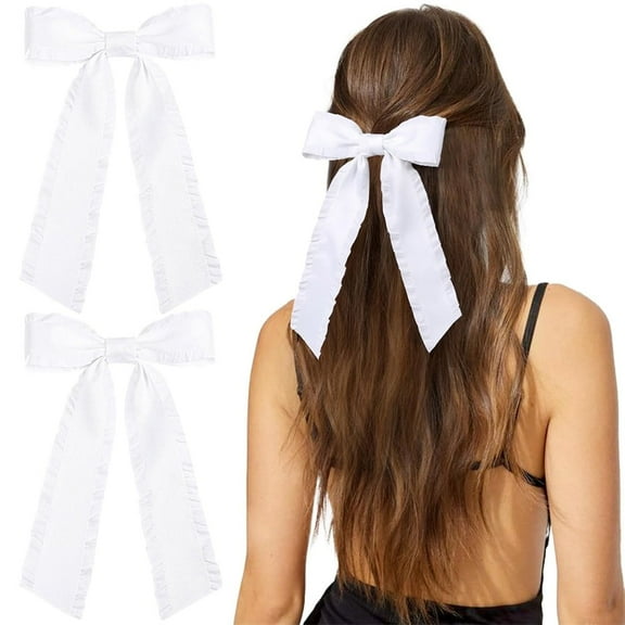 Triani 2Pcs Hair Bows Big Silky Satin Ruffle Tassel Ribbon Hair Clip Barrettes Hair Bows for Women Girls for Teen Toddler Girls Kids Thick Fine Hair Decor Accessory Gift (White)
