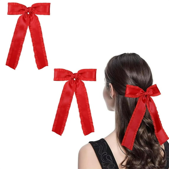 Triani 2Pcs Hair Bows for Women Girls Ruffle Ribbon Tassel Hair Bow Clips Hair Ribbon Bowknot Tassel Claw Barrettes with Long Tail for Teens Toddler Girls Kids(Red)