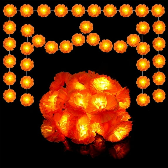 Triani 2Pcs Lighted Marigold Garland for Decoration Total 19.6 Ft Glow in The Dark Artificial Flowers Hanging String Lights Decorations for Diwali Day of The Dead Pooja Party Decoration