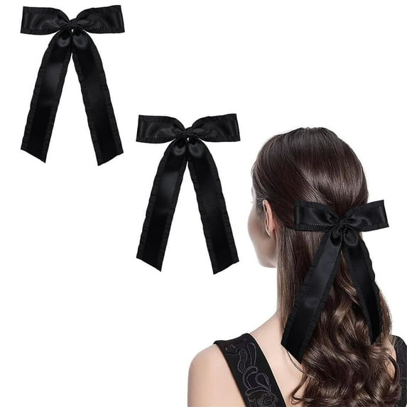 Triani 2Pcs Long Ribbon Hair Clips Hair Bows for Women Clips Toddler Kids Teens Silky Satin Tassel Ribbon Bowknot Cute for Hair Accessories (Black)