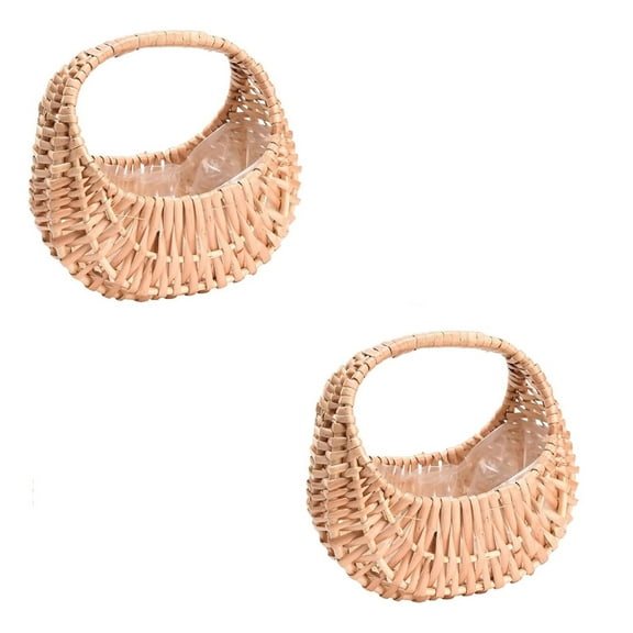 Triani 2Pcs Rattan Basket Half Moon Wicker Basket Hand Woven Flower Basket Half Moon Mini Straw Rattan Baskets Hand Held Flower Arrangement Potfor Garden Storage Home Decor(Brown)