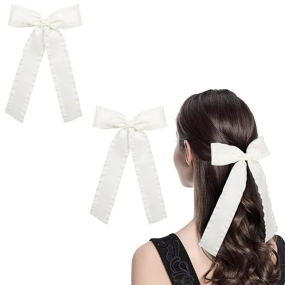 Triani 2Pcs Silky Satin Hair Clip Hairclips Double Ribbon Tassel Ponytail Holder Accessories Tassel Hair Ribbon Bowknot for Wedding Party Dress Accessory(White)