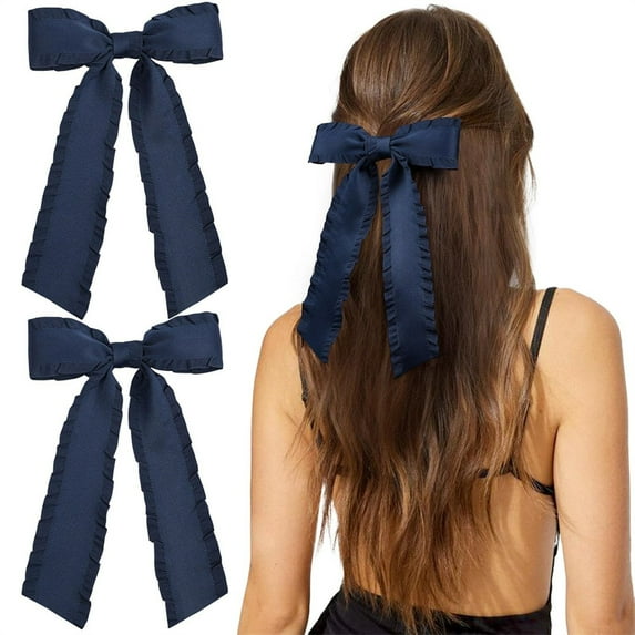 Triani 2Pcs Tassel Bowknots Large Long Tail Hair Bows for Women Girls Slides Metal Clips Hair Bow for Women Girls Toddlers Teens Kids Ponytail Holder Decoration(Navy)