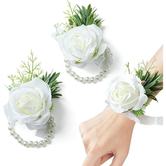 Triani 2Pcs Wedding Rose Wrist Corsage Wristlet Band White Corsage Handmade Wedding Rose Wristlet Prom Suit for Ceremony Prom Party Accessories