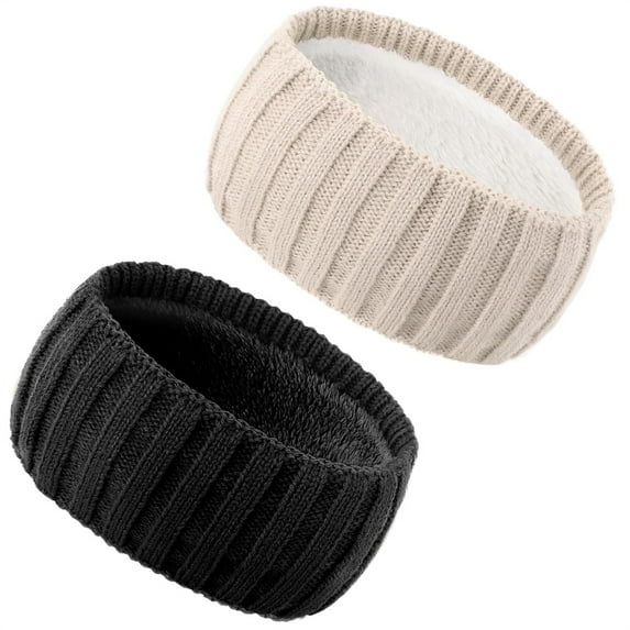 Triani 2Pcs Womens Winter Headbands Warm Knitted Headband Winter Fuzzy Fleece Lined Ear Warmer Crochet Head Wraps for Women(Black+White)