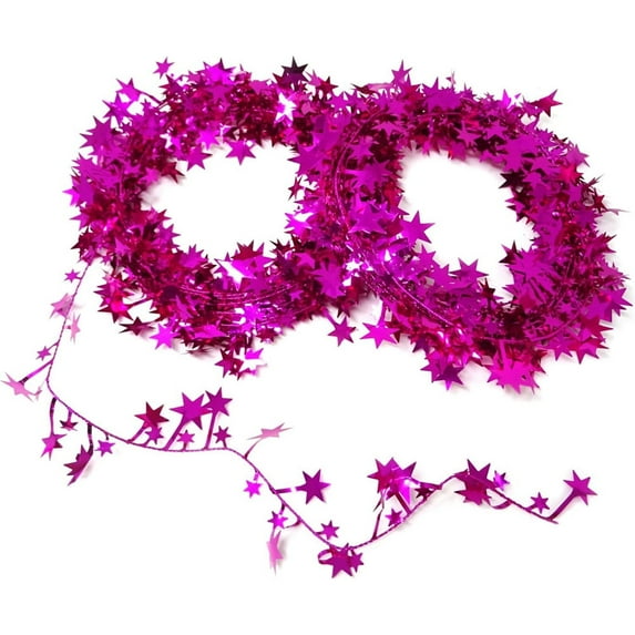 Triani 2Rolls of Sparkly Star Tinsel Garlands with Wire Metallic Garland Christmas Star Garlands Decorations for Wedding Birthday Party Festive Ornament (Rose Red)
